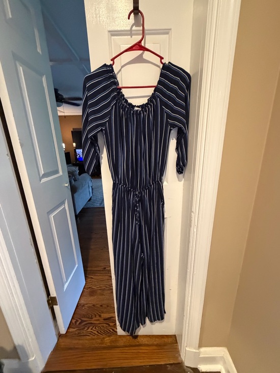 Hollister Dresses & Skirts - Hollister Navy Blue Striped One-Shoulder Jumpsuit, M, NWOT
